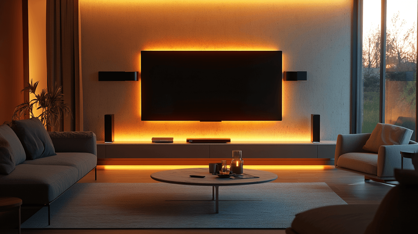 Sala de estar con pared de medios integrada: Escenificar la tecnología con estilo