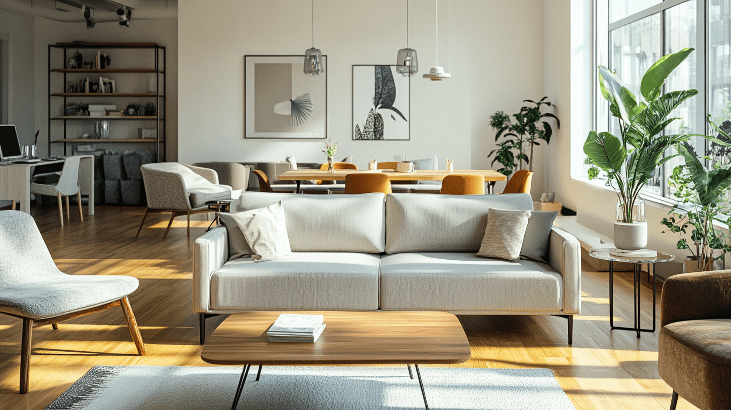 Sala de estar multifuncional: vivir, comer y trabajar en un solo espacio