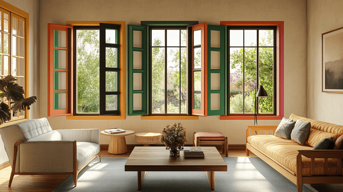 Combinación de marcos de ventanas de colores con decoración interior