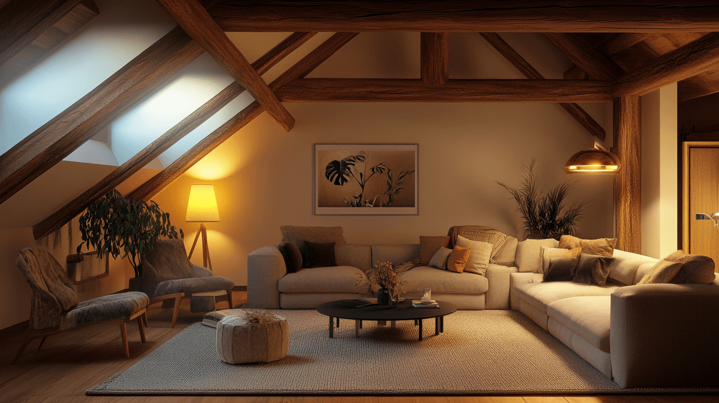 Sala de estar con vigas en el techo: Encanto rústico en un hogar moderno