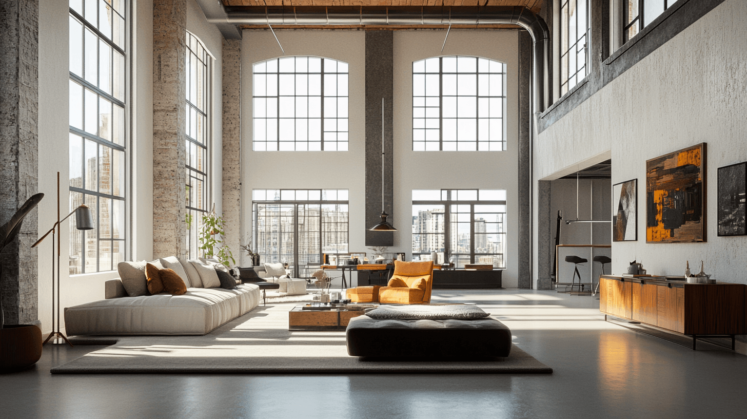 Sala de estar con carácter de loft: techos altos y espacios abiertos