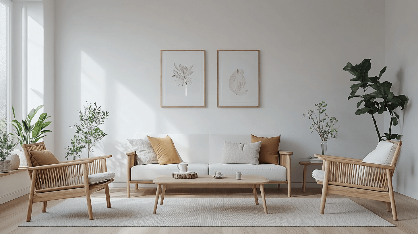 Esquema de colores en la sala de estar escandinava: Tonos claros y acentos naturales