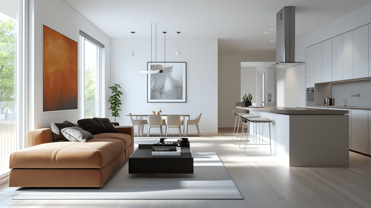 Sala de estar con cocina abierta e isla de cocina: Moderna y comunicativa