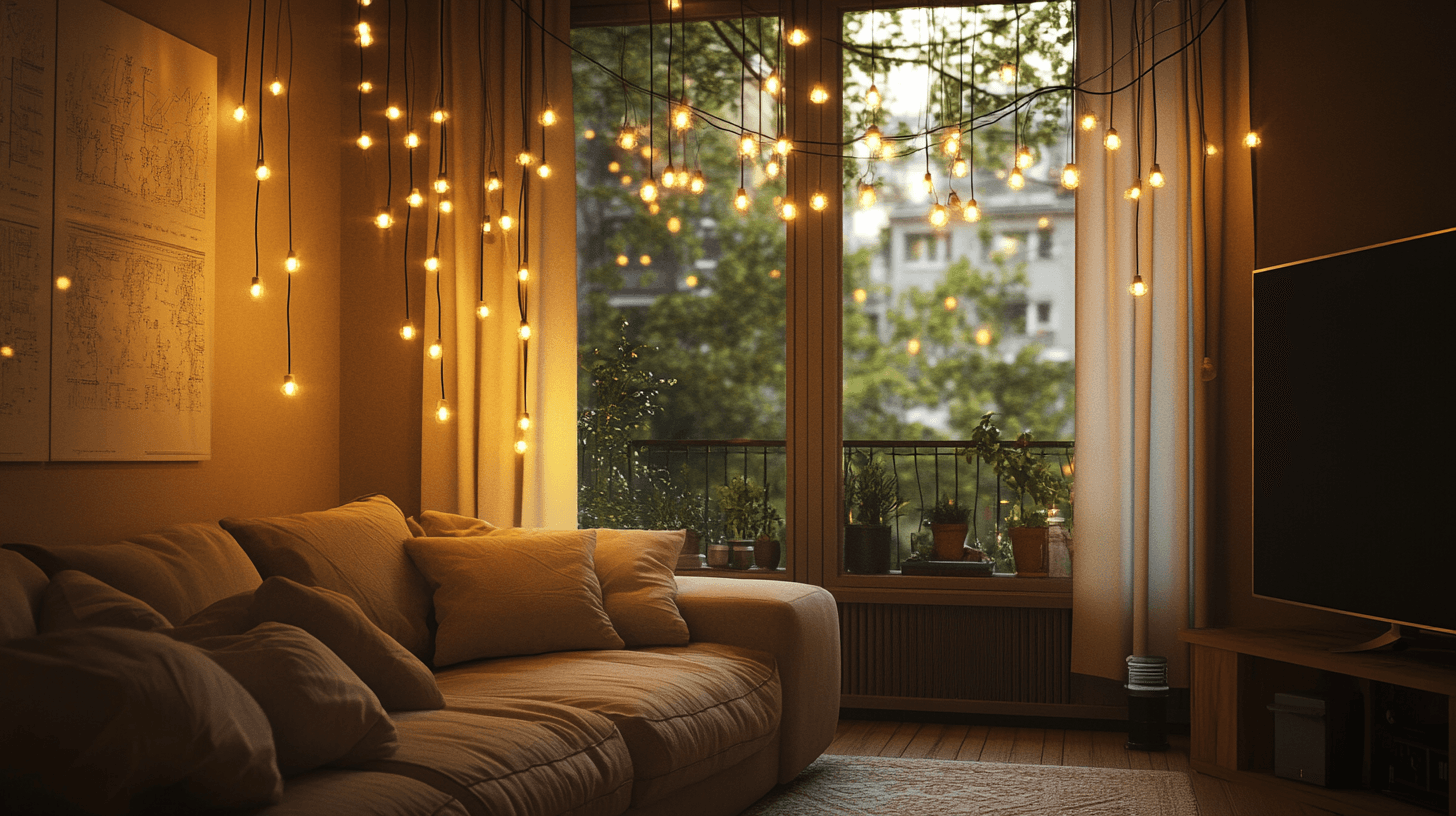 Guirnaldas de luces en la sala de estar: pura comodidad