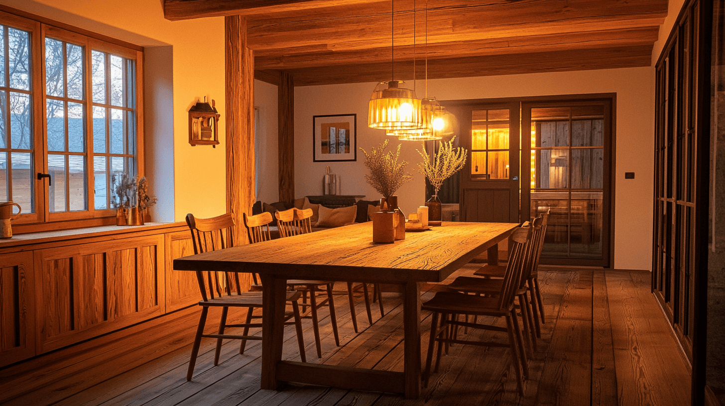 Comedor con elementos de madera rústica: Naturaleza y comodidad