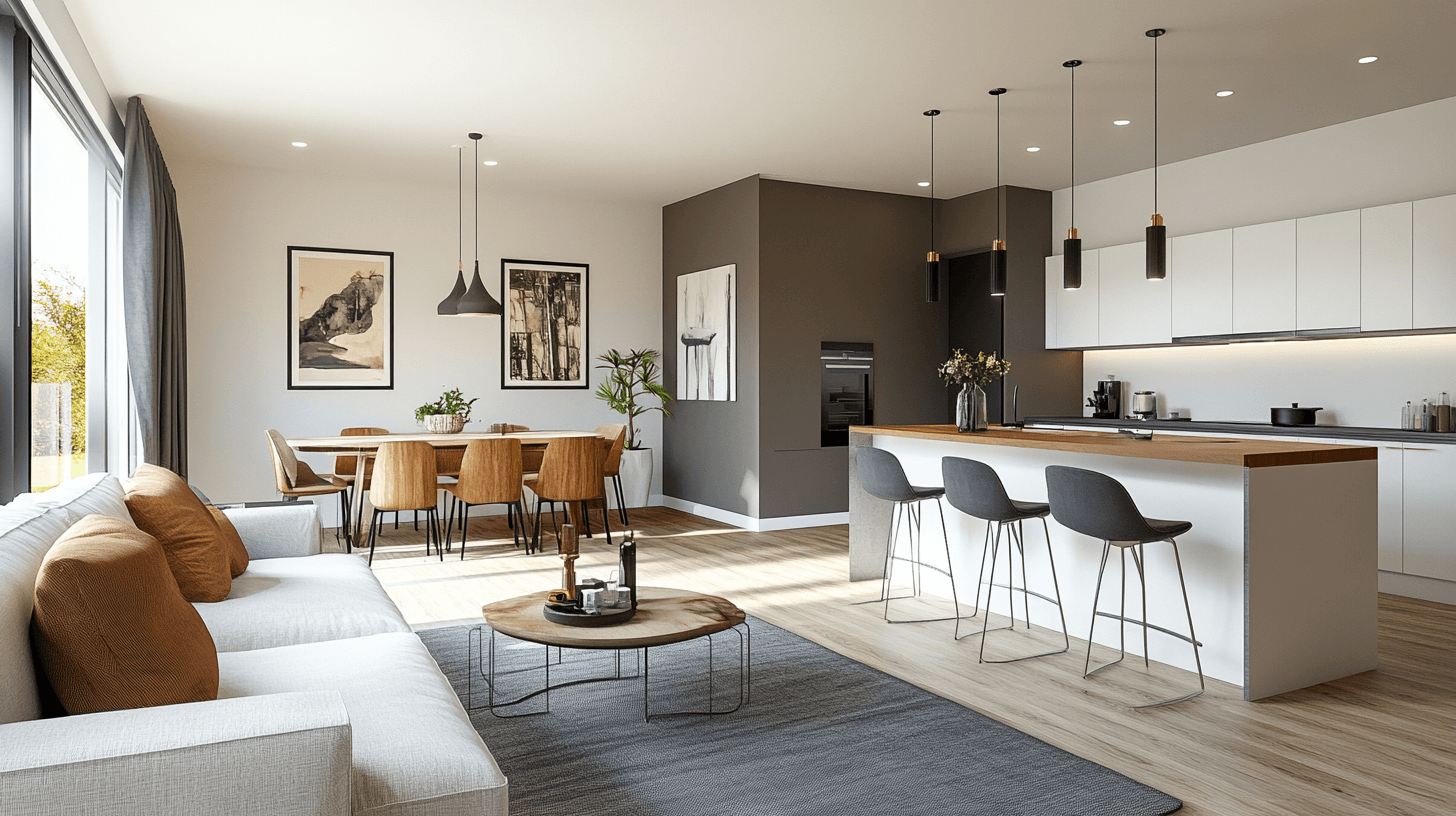 Sala de estar con cocina abierta y barra de comedor: Moderna y comunicativa