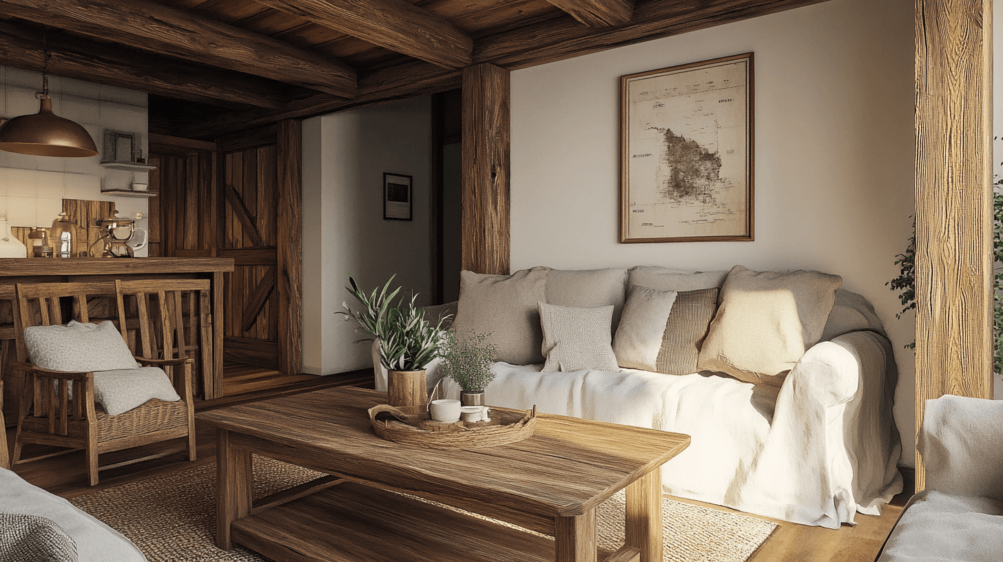 Sala de estar con elementos de madera rústicos: Naturaleza pura en la habitación