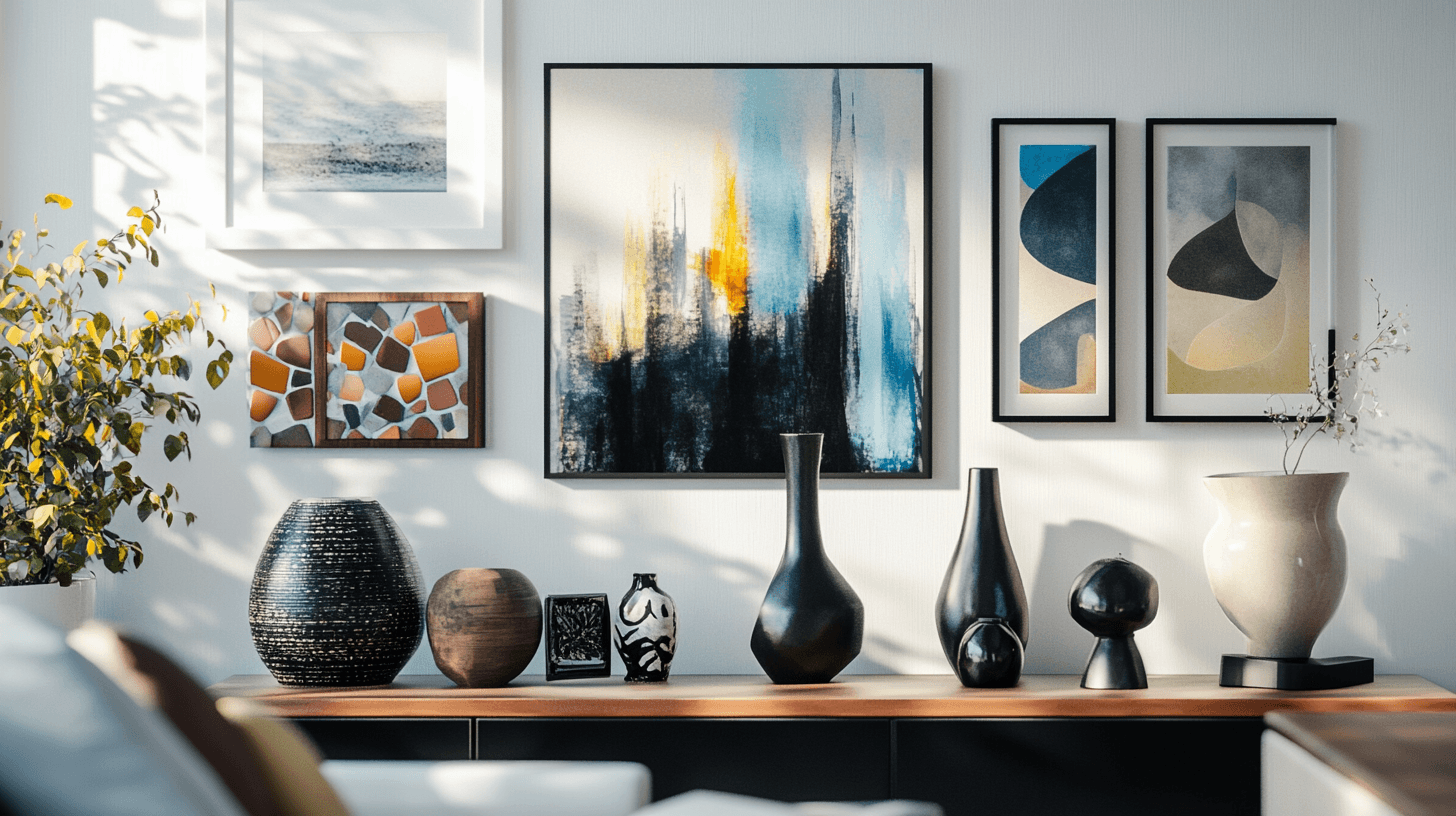 Objetos de arte como acentos elegantes en la sala de estar