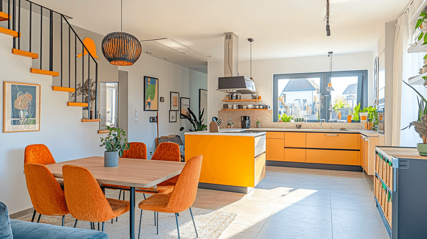 Decoración y esquema de colores en la cocina abierta