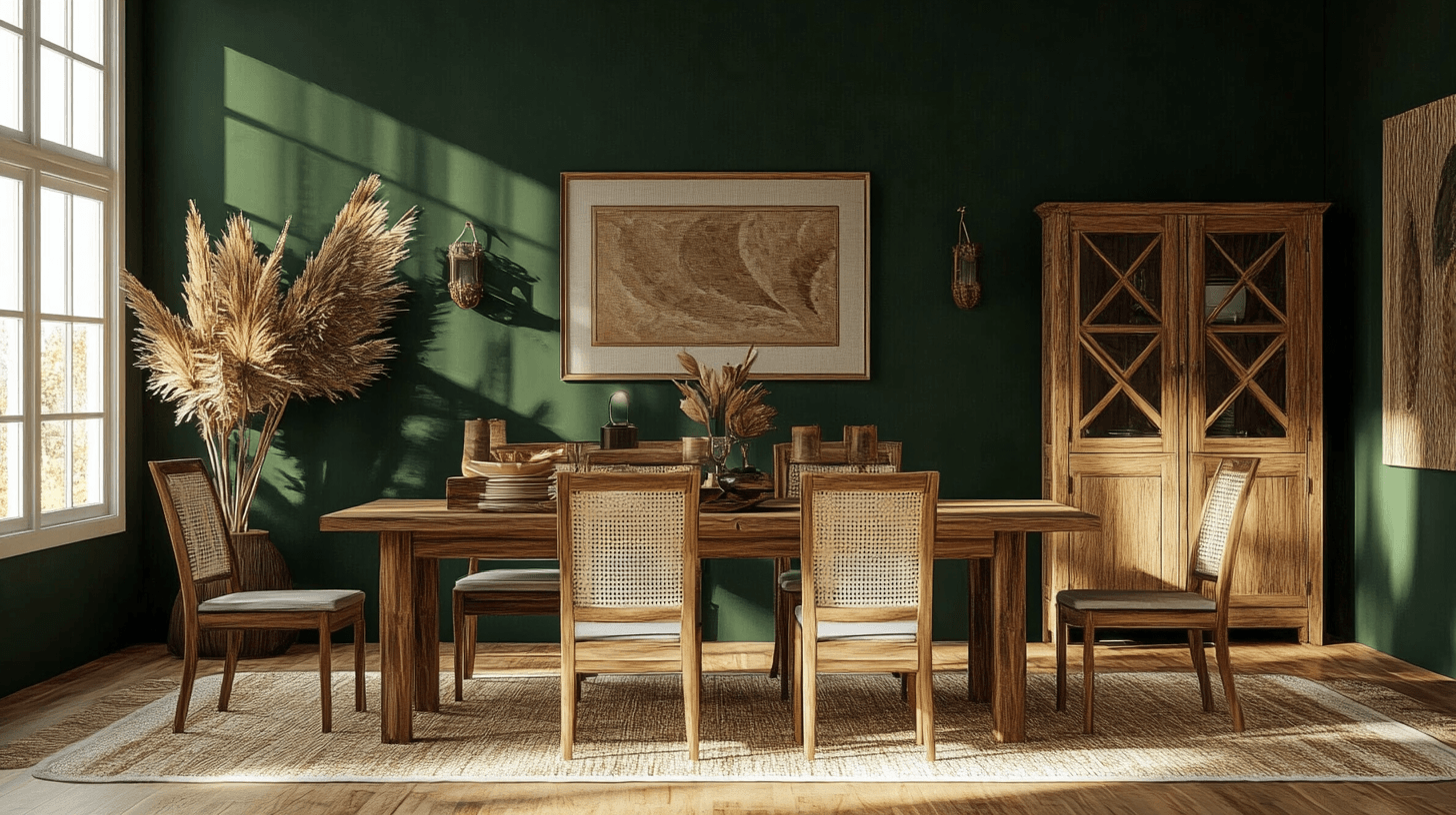 Verde profundo en el comedor: Conexión con la naturaleza y elegancia