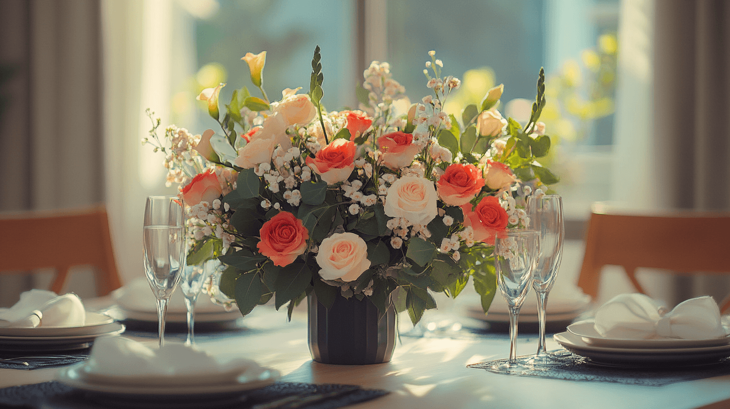 Arreglo creativo de flores en la mesa