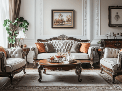 Ein stilvolles Wohnzimmer im Vintage Glam Stil mit eleganten Möbeln und Dekorationen