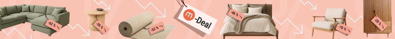 Furniture deals banner showing discounts up to 70% on sofas, tables, rugs, beds, chairs, and wardrobes with the label M-Deal
